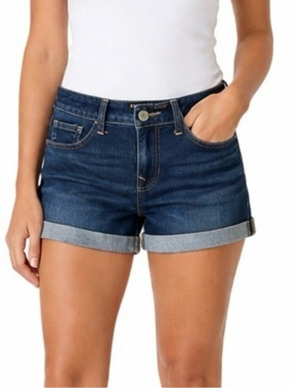 Express Jeans Womens Sz 6 Dark Wash Cuffed Denim Shorts Stretch Low Rise
